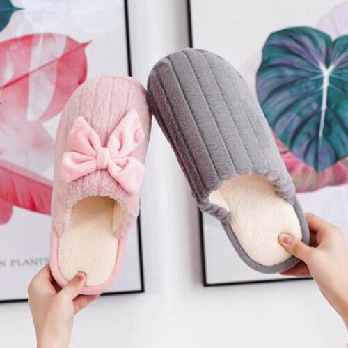 Women Slipper Bow Cotton Slippers Ladies Cute Autumn Winter Warm Indoor Non-slip Home Wear Sandals Shoes Decoration Plush Toy