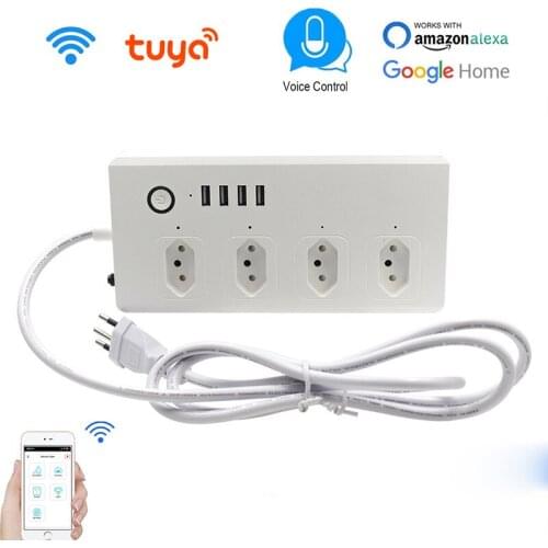 Tuya Wireless WiFi Smart Power Strip 4 Way AC Brazil Plug Outlets USB Sockets 1.5m Extension Cord With Alexa Tuya Google Home