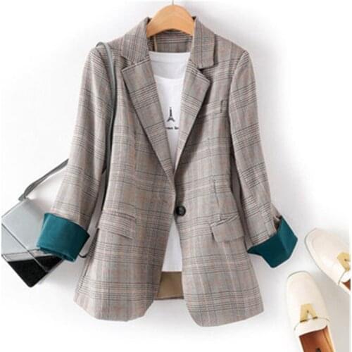 Spring Vintage Plaid Blazer Long Sleeve Casual Blazers Womens Office Ladies Suits Tops Slim Coat Jackets Ropa Mujer