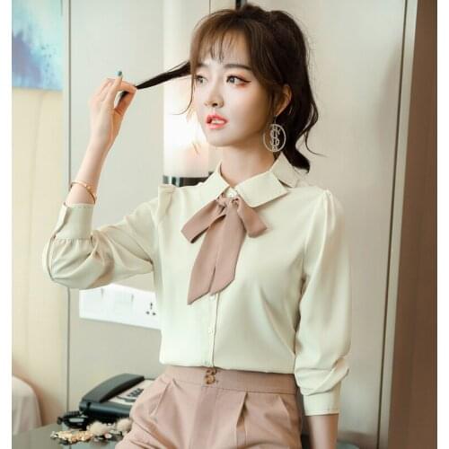 Lenshin High-quality Smooth and Soft Simple Shirt for Women Bow Tie Blouse Casual Tops Full Sleeve Office Lady Work Wear
