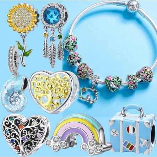 REBEKE 925 sterling silver heart shaped bird flowers enamel beads fit original Pandora bracelet charm women jewelry pendant DIY