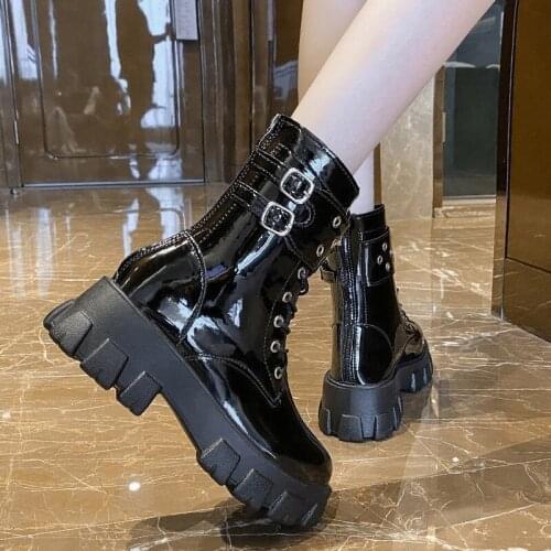 2021 New Spring And Autumn Round Toe Mid-heel Square Heel Zipper Bright Leather Womens Martin Boots