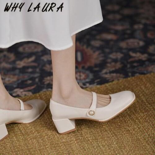 Spring/Summer 2021 Womens Shoes Soft Leather Solid Color Square Toes Thick Heel Middle Heel Elegant Ladies High Heels