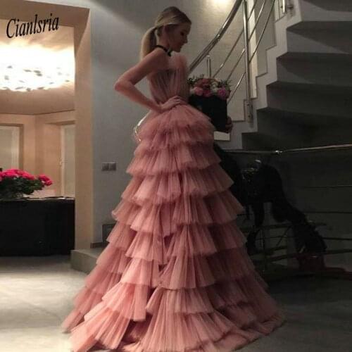 Pink One Shoulder Tiered Tulle Skirt Evening Dress Sleeveless Pleat Long Evening Formal Party Dresses Vestido De Fiesta