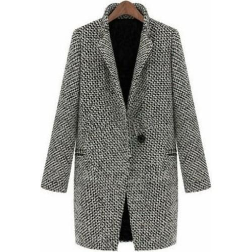 S-4XL Woman Winter Coats New Fashion Casual Long Sleeve Houndstooth Patchwork V-Neck Single Button Gray Autumn Outerwear Coat