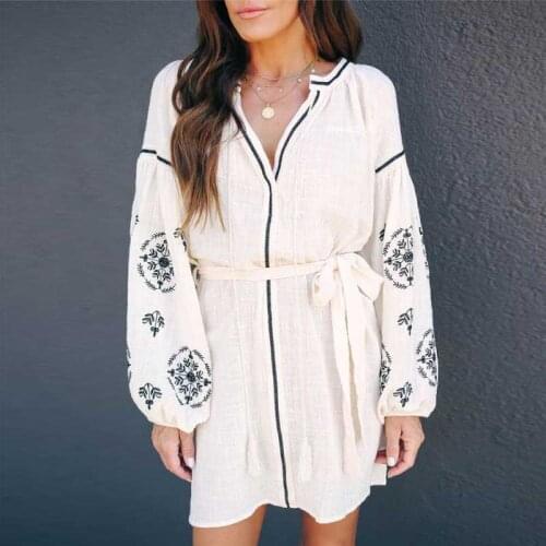 BOHO INSPIRED white embroidery boho dress for women long sleeve mini dress belt tie plus size bohemian dress spring summer dress