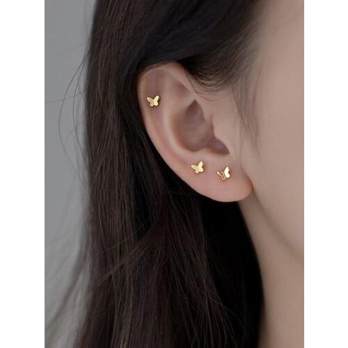 18K Gold Tinny 4mm*5mm Real. 925 Sterling Silver ear Butterfly Stud Earrings C-E6015-1