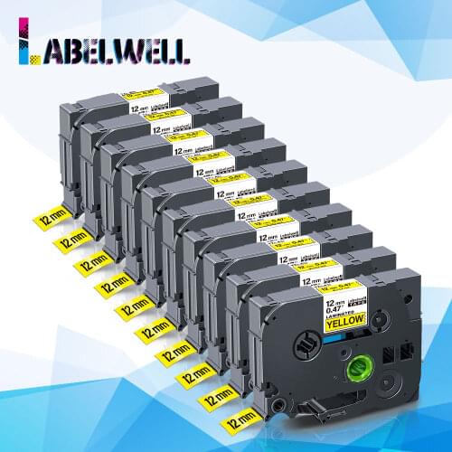 Labelwell 10Pcs TZe-631 Tze-641 Black on Yellow tapes for Brother tze-611 tze-621 tze-651 tze tapes for Brother P Touch printer