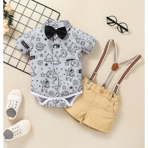 Infant Baby Boy Clothing Sets 2021 Summer Fashion Cartoon Bow Tie Short Sleeve Gentleman Romper + Sling Shorts 2PCS Boy Set