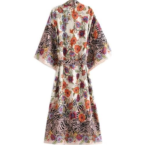 2021 Bohemia Locate Floral Print Long Kimono Shirt Hippie Women Lacing Up Tie Bow Sashes Cardigan Loose Blouse BOHO Tops Holiday