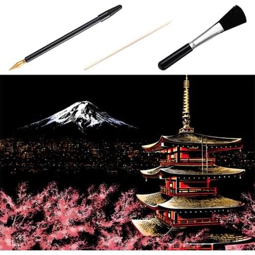 4pcs/Set DIY Scratch Picture Mount Fuji Night Scene Scratching Drawing Painting Paper Scratchboard Bamboo Stick Pen Brush