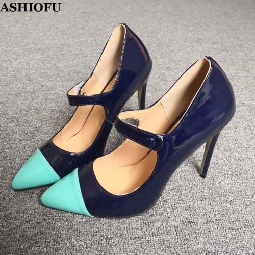 ASHIOFU Handmade Real Photos Ladies High Heel Pumps Mary Janes Party Office Dress Shoes Cap-toe Evening Club Fashion Court Shoes