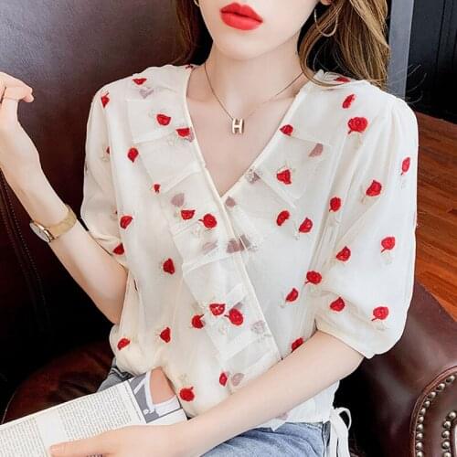 Blusas Mujer De Moda 2021 Rose Embroidered Shirt Female Bubble Sleeves Mesh Tops Ladies Summer Chiffon Dropshipping V-Neck 0972
