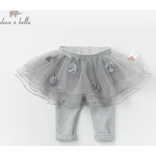 DBM12766 dave bella spring baby girls fashion floral mesh pants children full length kids pants infant toddler solid trousers