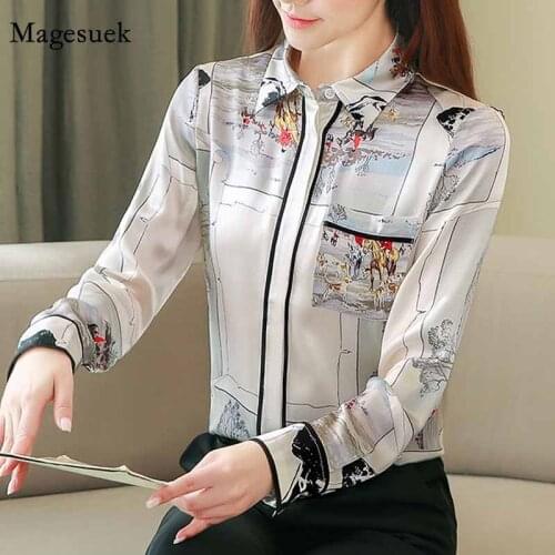 Elegant Satin Silk Turn-down Collar Shirt 2020 New Spring Printing Long Sleeve Chiffon Blouse Women Tops Chemisier Femme 8193 50