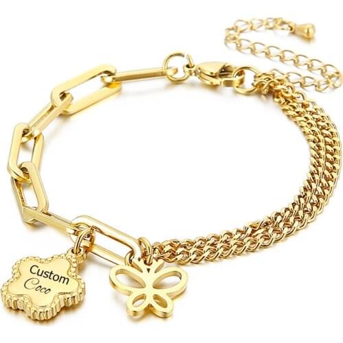 Customized Flower Name Bracelets Titanium Steel Butterfly Bangles Engraved Family Names Irregular Chain Woman Gift