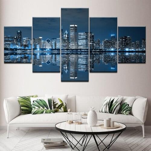Canvas Painting Live Art Decor- Chicago Downtown at Night 5 Pieces Wall Art Painting Modular Wallpapers Poster Print Home Decor