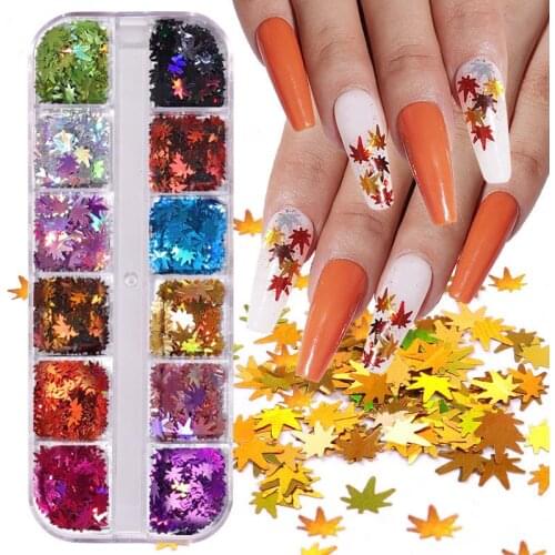 Maple Leaf Nail Sequins Flakes Laser Mirror Glitter Holographic Paillettes Fall Nail Art Design 3D Sticker Manicure Thanksgiving