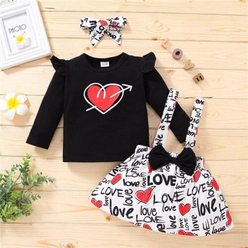 2021 Spring Baby Clothes Set Black Cotton T-shirt Suspender Skirt Bow Headband 3pcs Suit Casual Kids Outfit Children Costumes