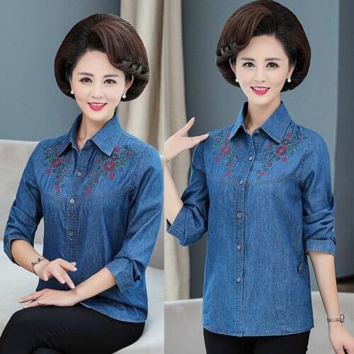 Fashion Womens Shirt Spring Autumn Denim Embroidered Shirts Women Plus Size 5XL Casual Thin Coat Tops Mother Dress 2020 K126