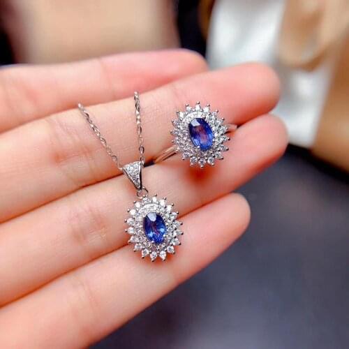 Fashion elegant Diana round Natural blue sapphire gem jewelry sets natural gemstone ring Pendant S925 silver girl gift jewelry