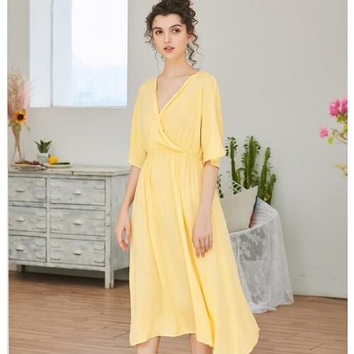 Cotton Pure Color Nightdress New Skin-friendly V-neck Cross-chest Short-sleeved Ladies Dress Home Service