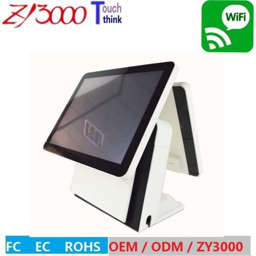New Q8 white 15" resistive pos system all in one touch dual screen pos terminal with MSR Reader