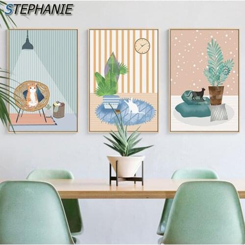 Nordic Green Tropical Plants Posters N Print Cartoon Orange Cat Wall Art Canvas Painting for Baby Kids Room Decoration Pictures