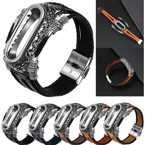 For Mi Band 4 3 Bracelet Retro Genuine Leather Wristband Strap For Xiaomi Mi Band 5 Accessory Metal Case Watchband for MiBand 5
