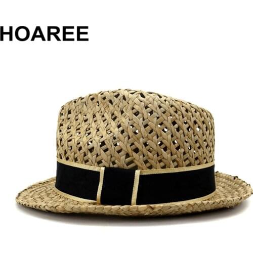 HOAREE Straw Trilby Hat Men Sunhat Womens Summer Hats Hollow Out Male Female British Style Beach Holiday Seaside Fedora