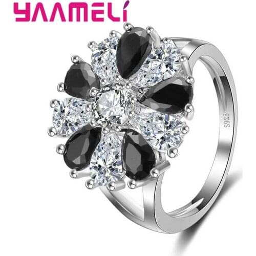 YoungGirls Best Lovely Flower Finger Ring White + Black Drop Cut Cubic Zircon Rings Bridal Jewelry 925 Sterling Silver