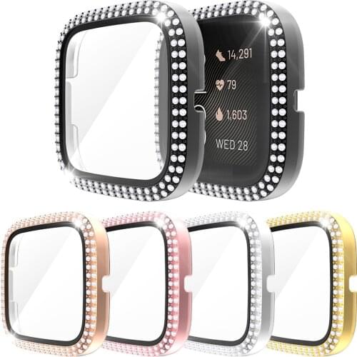 Tempered Glass Film with PC Case for Fitbit Versa 2 3 Sense Watch Cover Screen Protector Shell Women Diamond Bumper Accessories