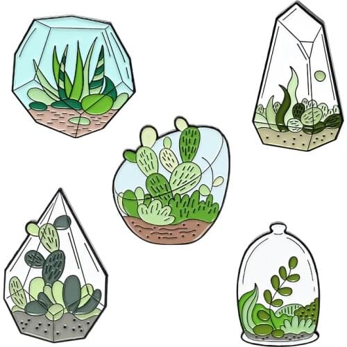 Glass Visual Texture Plant Specimen Enamel Pins Terrarium Cactus Aloe Brooches for Women Badges Lapel Pin Jewelry Gift Wholesale