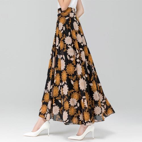 New Chiffon Skirts Womens Elegant Print High Street Long Pleated Skirt Female Streetwear Vintage High Waist A-Line Skirt Q4630