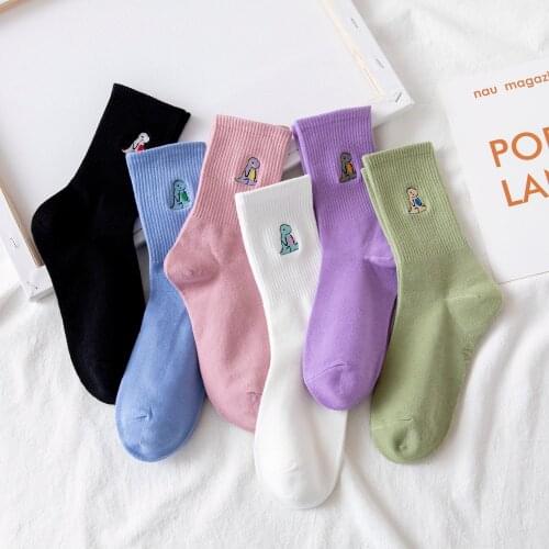 2021 Korea Harajuku style fashion woman socks kawaii funny cartoon embroidery dinosaur socks spring and autumn warm happy woman