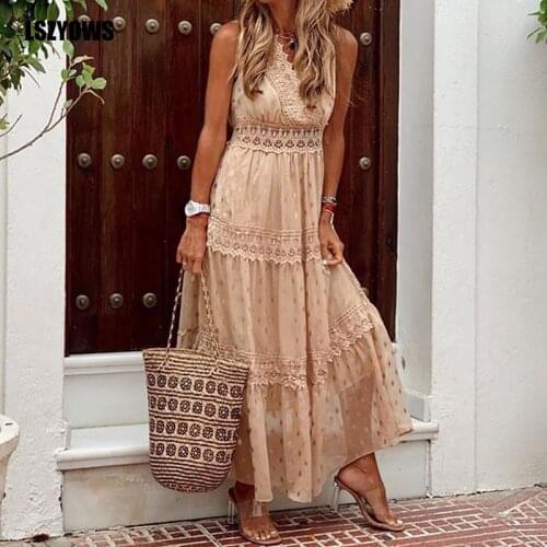 Vintage Bronzing Chiffon Long Dress Women Sleeveless V Neck Lace Patchwork Maxi Party Dress 2021 Summer Holiday Dresses Vestidos