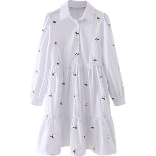Female Chic Dresses Women 2021 Fashion Embroidered Flower Temperament Loose Dress Vintage Long Sleeve