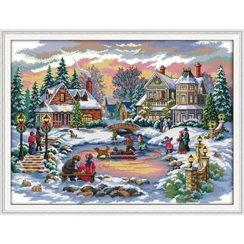 Winter Scenery Happy Christmas Cross Stitch Printed Fabric Embroidery Kits 11CT 14CT DIY Handmade Needlework Home Decor Painting