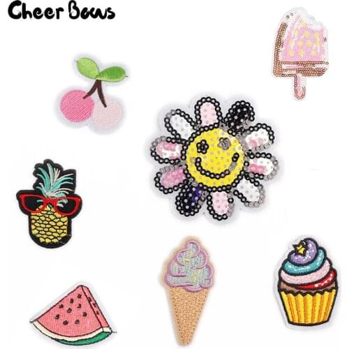 10pcs Iron-On Shiny Patches Sunflower Ice-cream Embroidered Patches DIY Sewing 3D Appliques For Clothing Sticker Decor Patches