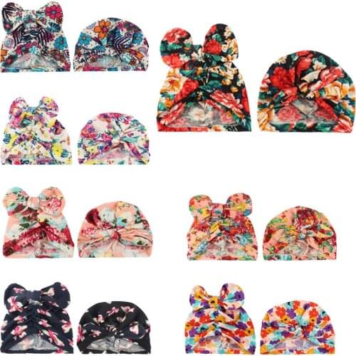 2pcs Chosen Girls Boys Soft Turban Rabbit Ear Knot Knot Hemming Cap Beanie Hat Muslim India Hat Bohemian bows Hat