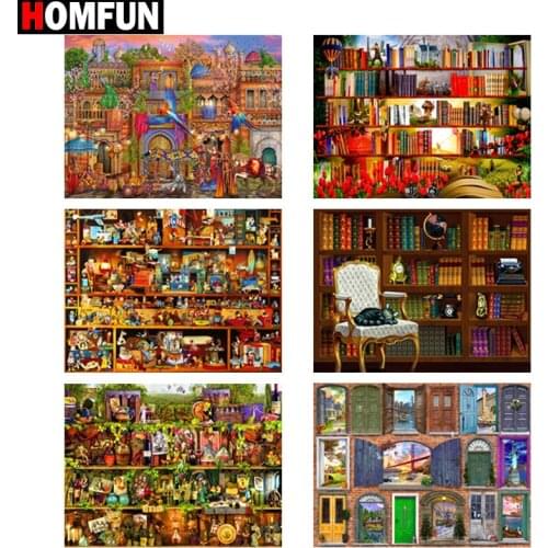 HOMFUN Diamond Painting "Bookshelf decoration scenery"Cross Stitch Custom Photo Diamond Embroidery Square Round Drill Home Decor