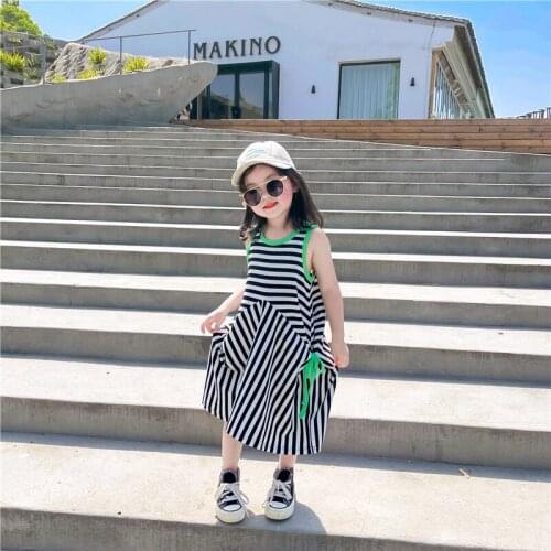 2 3 4 5 6 7 Y Toddler Girls Vest Dresses 2021 Summer New Baby Fashion Beach Dress Korean Casual Striped Girls Irregular Dress