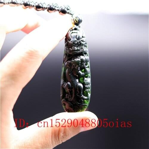 Chinese Natural Black Green Jade Dragon Tiger Pendant Beads Necklace Charm Jewelry Obsidian Carved Amulet Gifts for Men Her