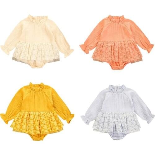Toddler Girls Romper, Floral Top, Long Sleeve Pleated Crotch Buttons Fall Lace Flouncing Mesh Dress
