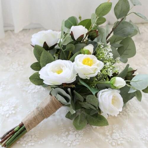 Newest white rose Wedding Bouquets with jute for wedding decoration