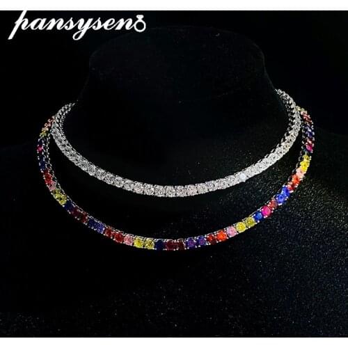 PANSYSEN 100% 925 Sterling Silver 4MM Rainbow Topaz Created Moissanite Diamond Wedding Engagement Necklace Women Fine Jewelry