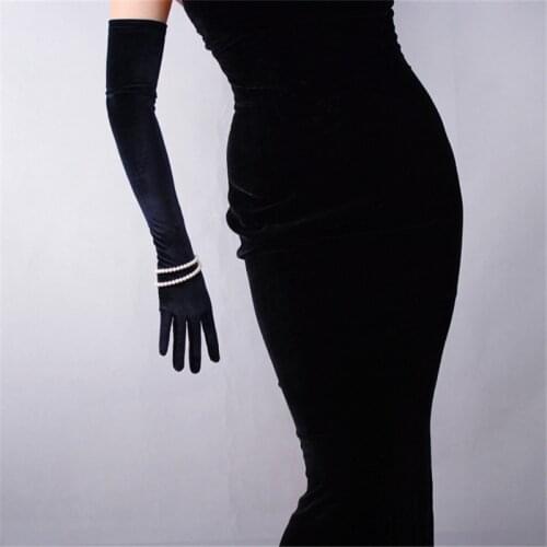 60cm Black Velour Gloves Extra Long Over Elbow Vestido de noche High Elastic Black Swan Velvet Female Touch Screen WSR08