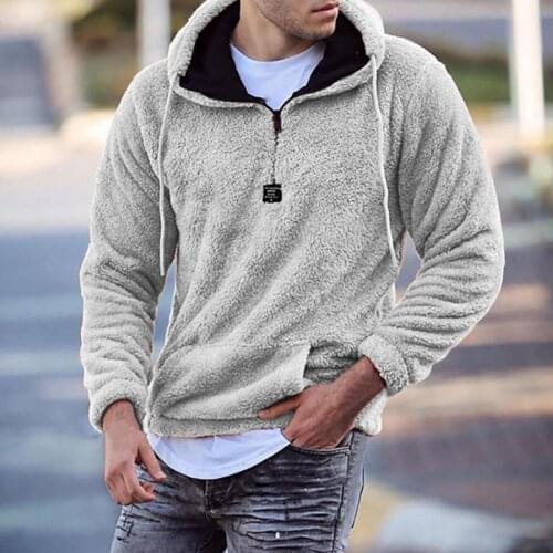 Plush Long Sleeve Pullover Hoodie Autumn Winter Front Pocket Warm Hooded Sweatshirt Outerwear Skin-friendly Male Clothing