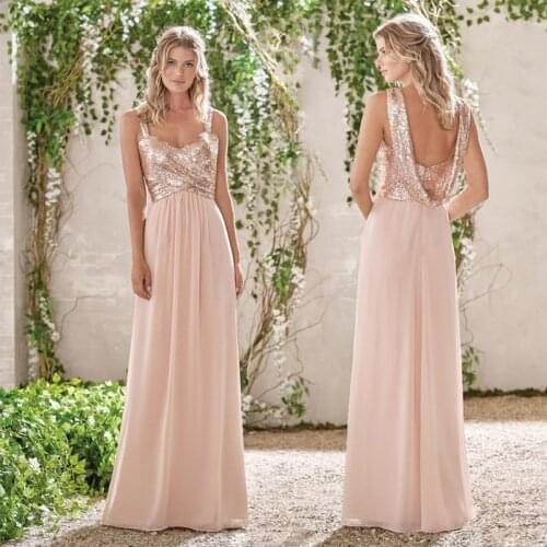 Rose Gold Sequins Top Long Chiffon Beach 2019 Bridesmaid Dresses Halter Backless A Line Straps Ruffles Blush Pink Maid Of Honor