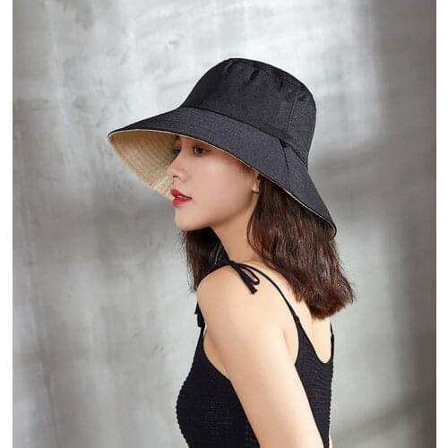 New Fashion Women Floppy Cotton Sun Hat Women Summer Beach Hat Foldable Wide Large Brim Reversible Sun Cap With Wind rope